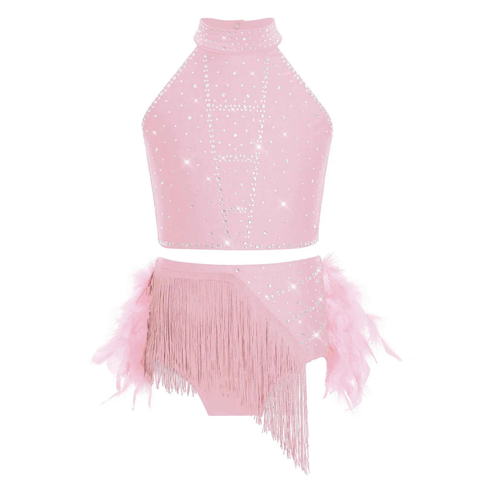 Kids Girls Ballet Samba Rumba Dance Outfits Latin Dance Performance Costume Crop Top with Tassels Feather Skirt Dance Wear