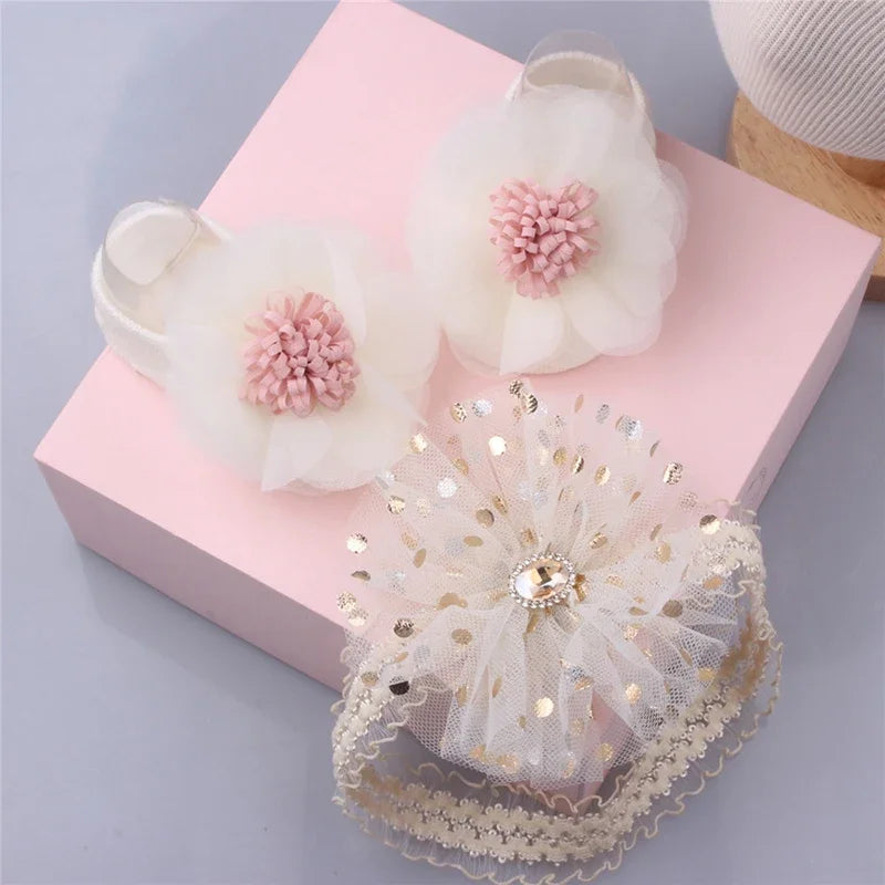 Baby Headband Socks Sets Sequin Bow Hairbands Pink Mesh Flower Newborn Boat Sock Princess Girls Headwear Kids Hair Accessories