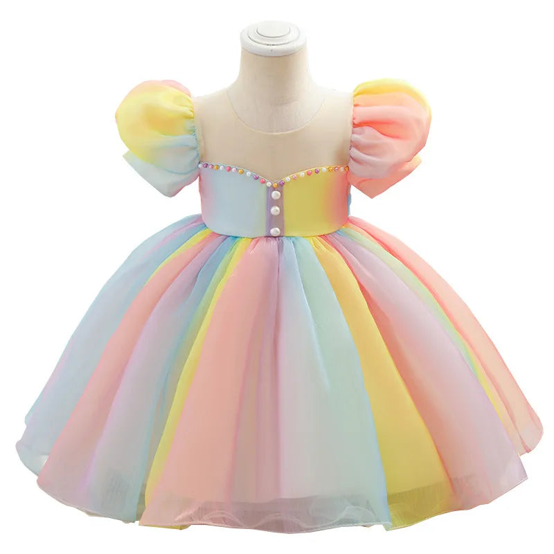 dress  girl's first birthday, a princess dress with puffed sleeves  summer baby girl rainbow gradient color dress for children