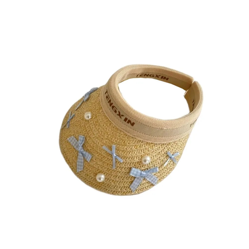 Bowknot Kids Summer Straw Hat Wide Brim UV Protection Large Brim Sun Visor Cap Comfortable Breathable Empty Top Baseball Cap