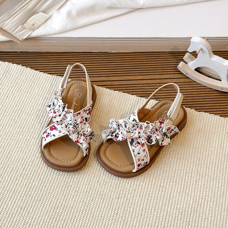 Summer Girl's Sandals Open Toe Flower Hook-loop Chic Kid's Flat Shoe Solid Colors Light Comfy Casual Daily Children Shoes 7-12Y