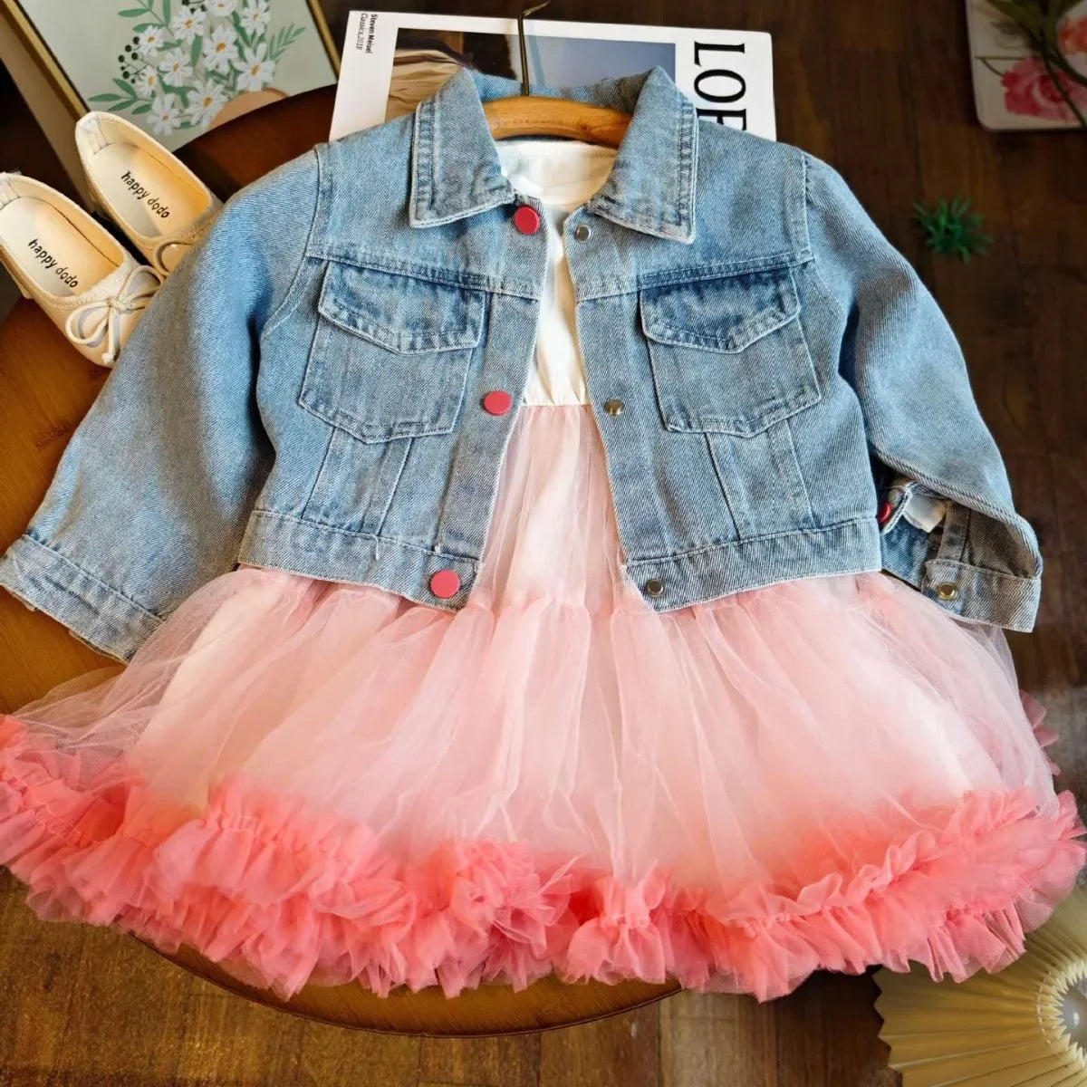 3-8Y Kids Clothes Suit for Spring Autumn Children Cardigan Denim Jacket Coat Top+Girls Gauze Skirt Lace Princess Dress 2Pcs Set