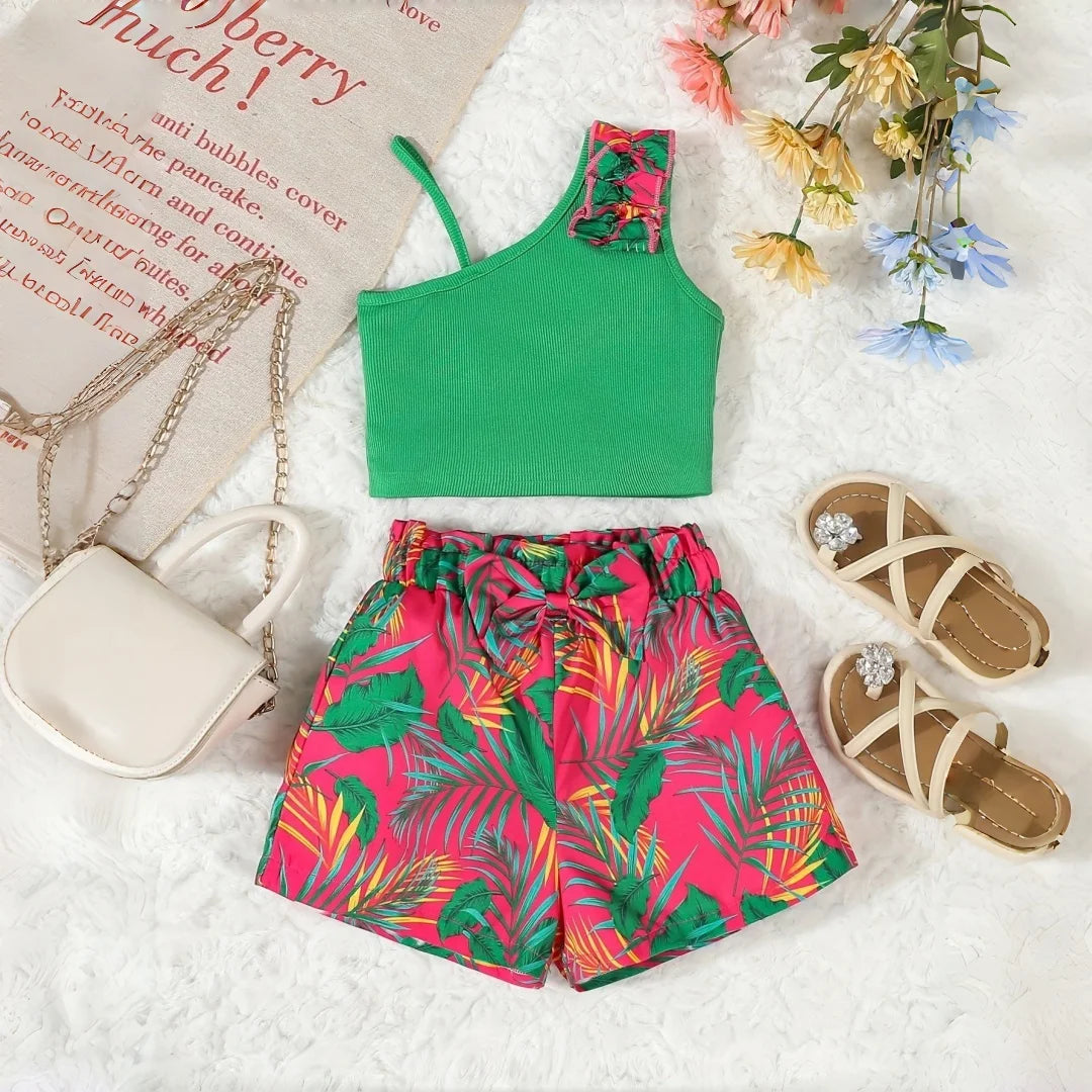 Girls' Clothes Summer Children Tropical Print Crop Top and Short Pants 2Pcs Set Kids Girls Beach Clothing for Outdoor 4 5 6 7 Y