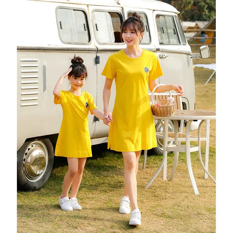 Family Matching Summer Clothes Sets Mom Daughter Skirt and Long T Shirt 2 Pieces Suit Dad Son Tops and Shorts Two Piece Outfits