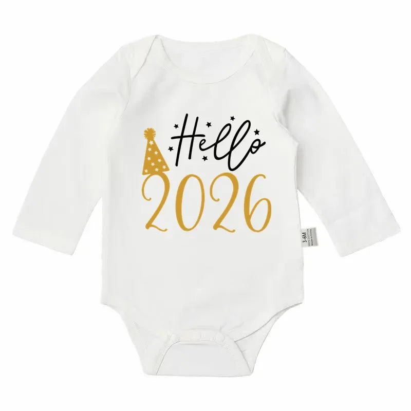 Hello 2026 Newborn Baby Bodysuit Cotton Short Sleeve Infant Rompers Body Baby Boys Girls New Year Ropa Clothes Christmas Gift