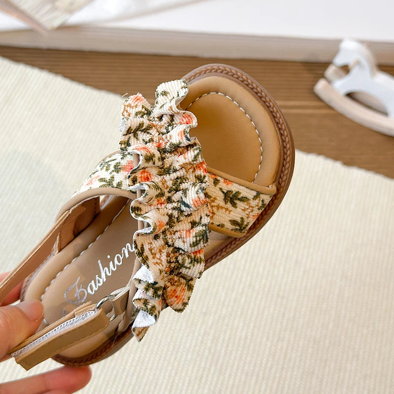 Summer Girl's Sandals Open Toe Flower Hook-loop Chic Kid's Flat Shoe Solid Colors Light Comfy Casual Daily Children Shoes 7-12Y