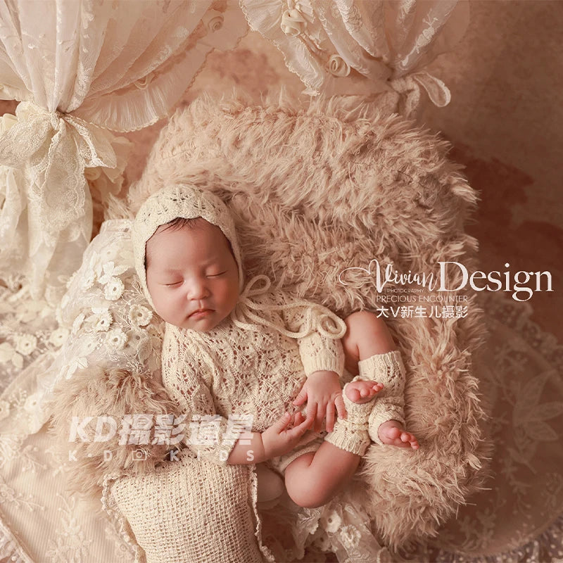 Vintage Style Newborn Photography Outfit Baby Knit Jumpsuit Romper + Hat + Socks for Photoshooting, Christening, Baby Shower