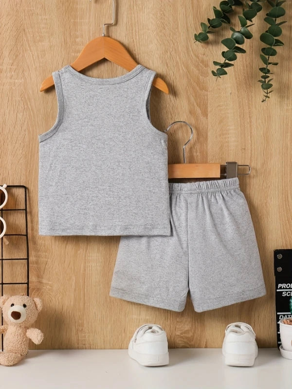 Summer Baby Boys' Round-Neck Letter Print Vest and Shorts Casual 2-Piece Set