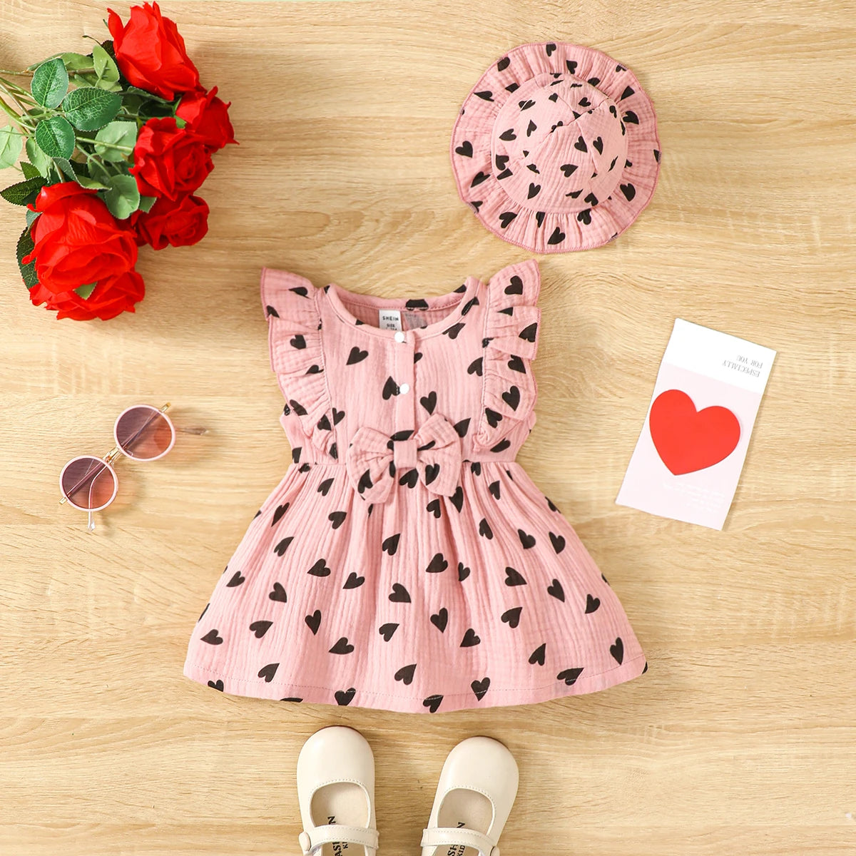 2PCS Dress Clothes Set Newborn Baby Girl Love Print Sleeveless Dress With Hat Summer Fashion Cute Wear for Infant Girl 0-9Months