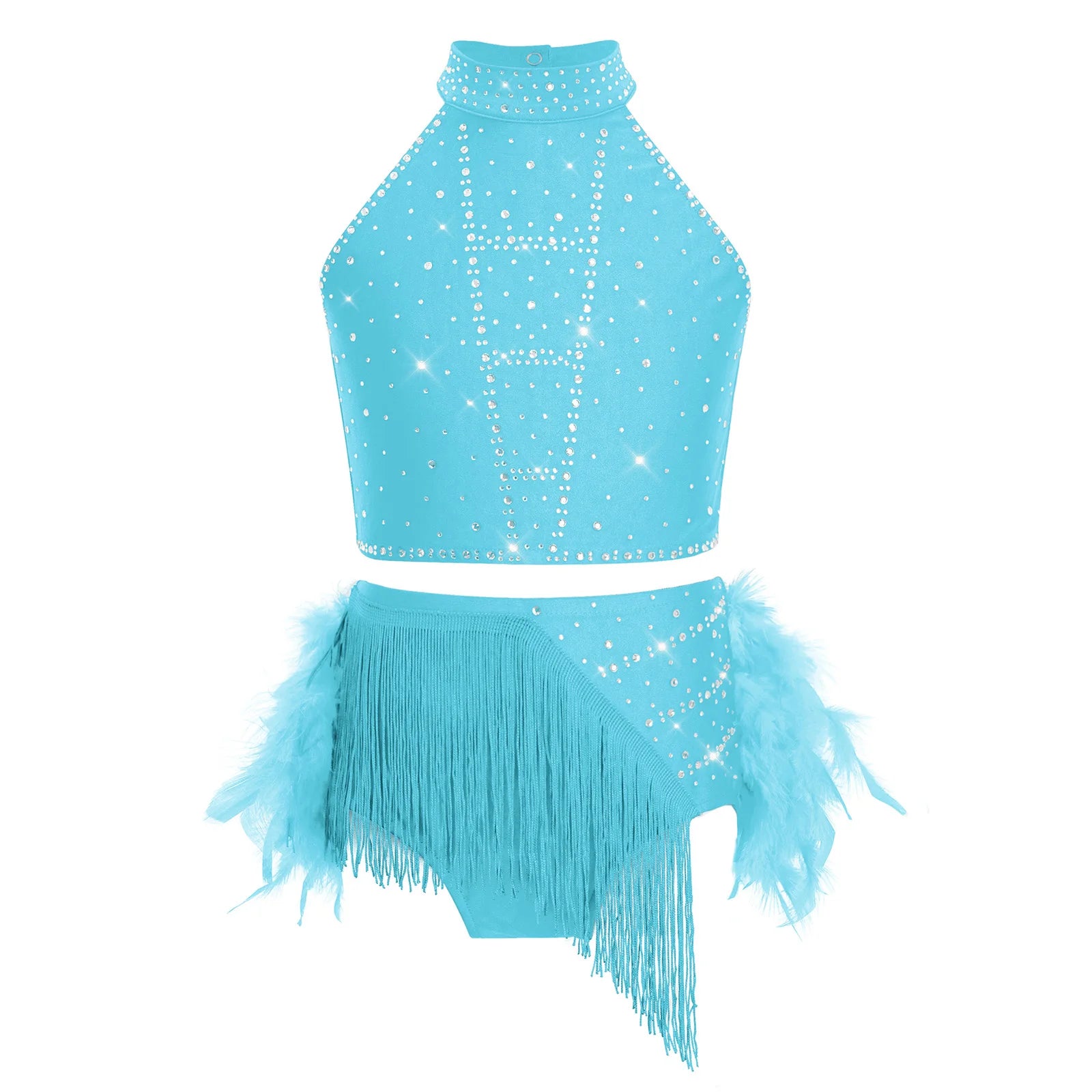 Kids Girls Ballet Samba Rumba Dance Outfits Latin Dance Performance Costume Crop Top with Tassels Feather Skirt Dance Wear