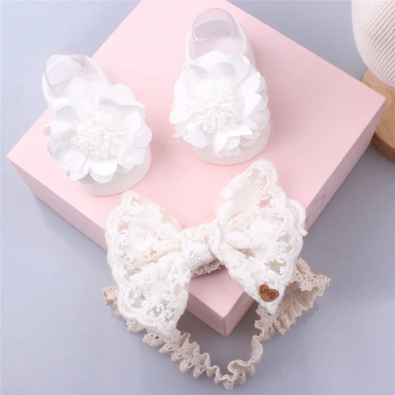 Baby Headband Socks Sets Sequin Bow Hairbands Pink Mesh Flower Newborn Boat Sock Princess Girls Headwear Kids Hair Accessories