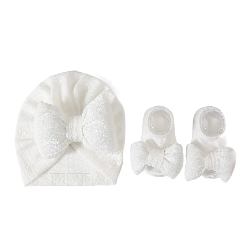 3Pcs/Set Soft Bow Baby Hat Socks Set Cotton Solid Color Baby Fetal Cap 0-12 Months Windproof Newborn Turban Hat Toddler