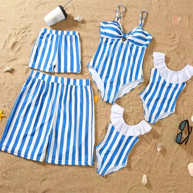 Summer Striped Swimsuit Family Matching One-Piece Outfits Beach Holiday Bikini Mother Daughter Swimsuit Dad Son Swimming Shorts