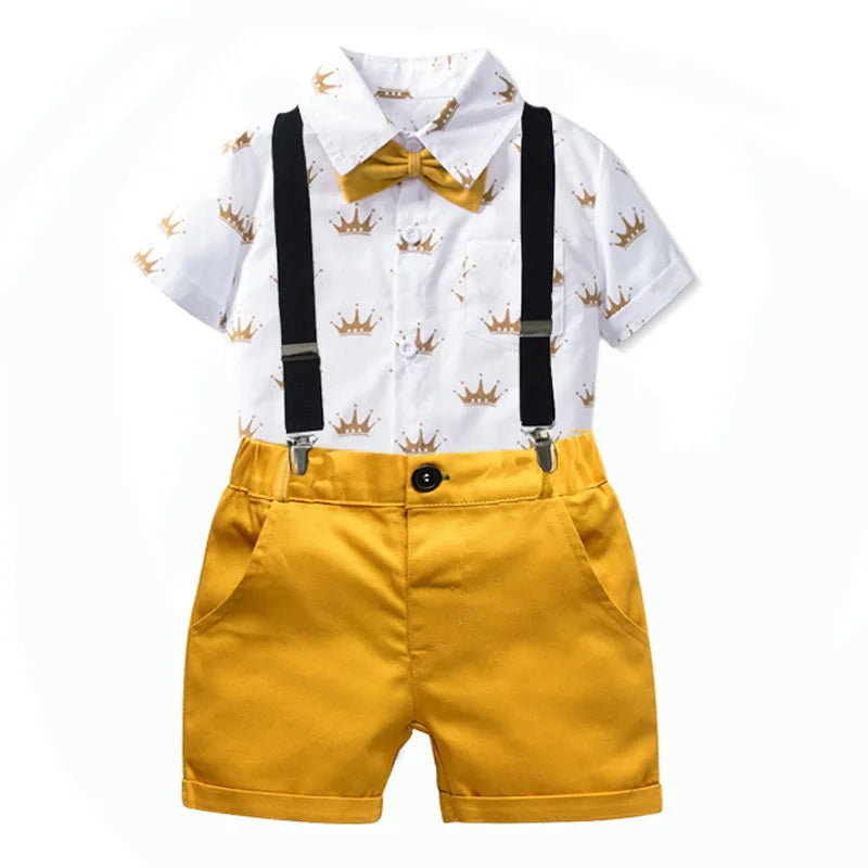 Kids Boys Clothes Sets Gentleman Suit Short Sleeve Shirt Bowtie With Suspender Shorts Pants Baby Children Formal School Outfits