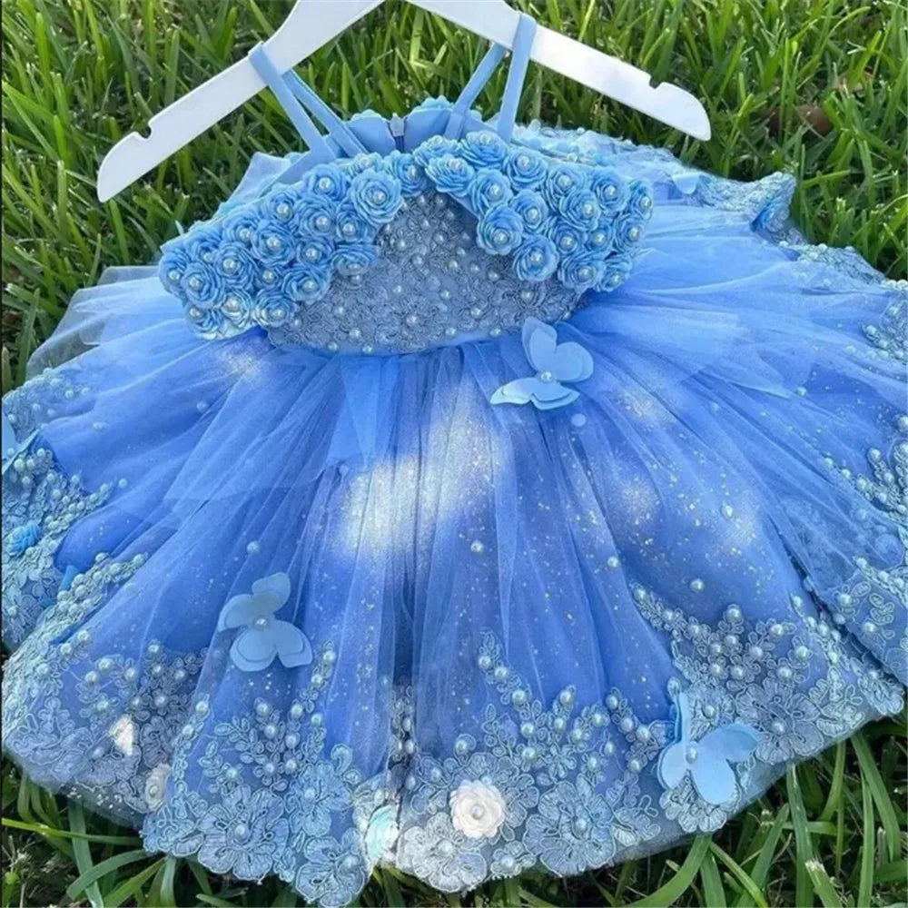 Baby Girls Dresses Off Shoulder Pearls Lace Butterflies Flower Girl Dress Infant First Birthday Party Gown