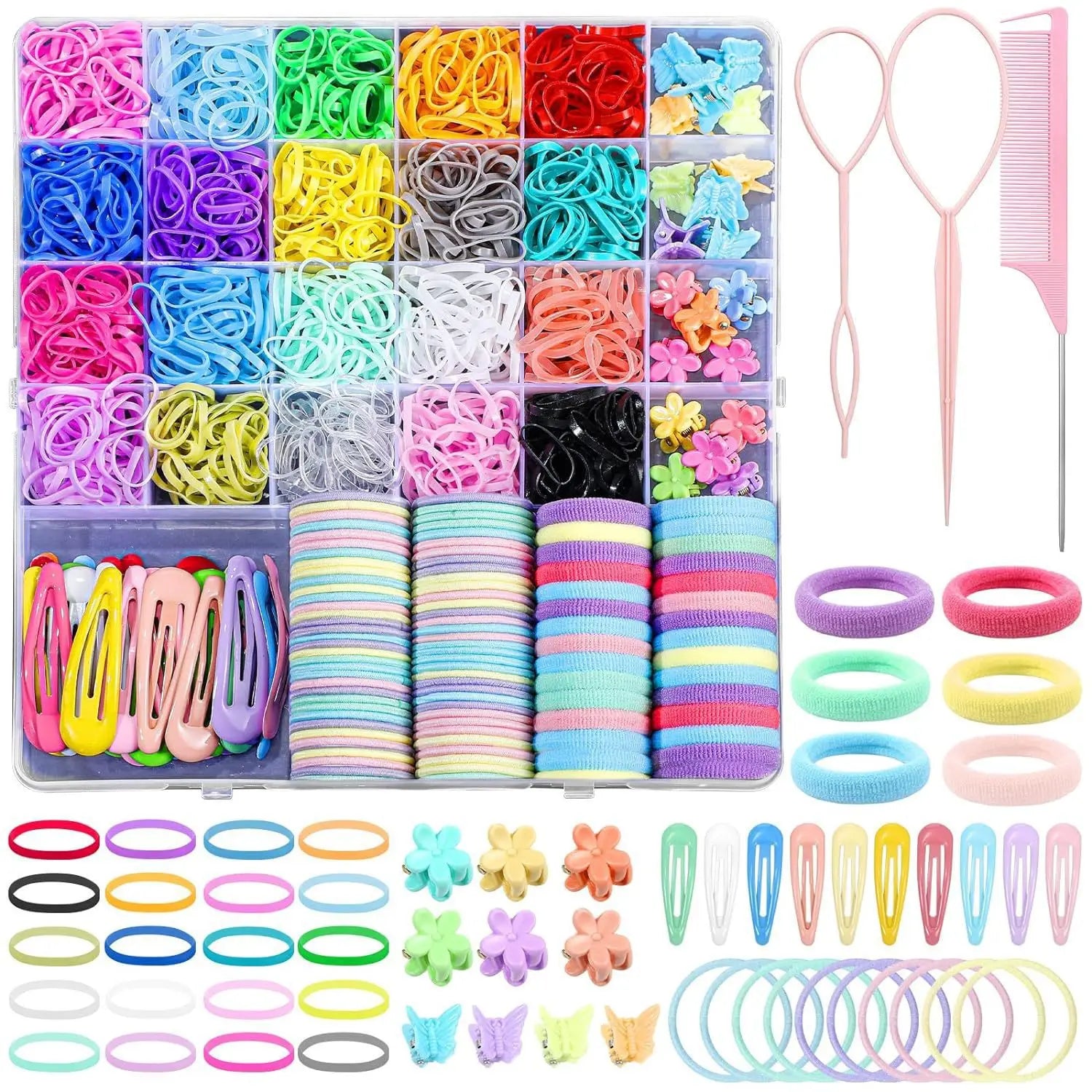 Hair Accessories for Girl, 1543 Pcs Elastic Hair Rubber Bands Set 20 Colors Elastic Hair Ties with Organizer Box Cotton Baby Hai