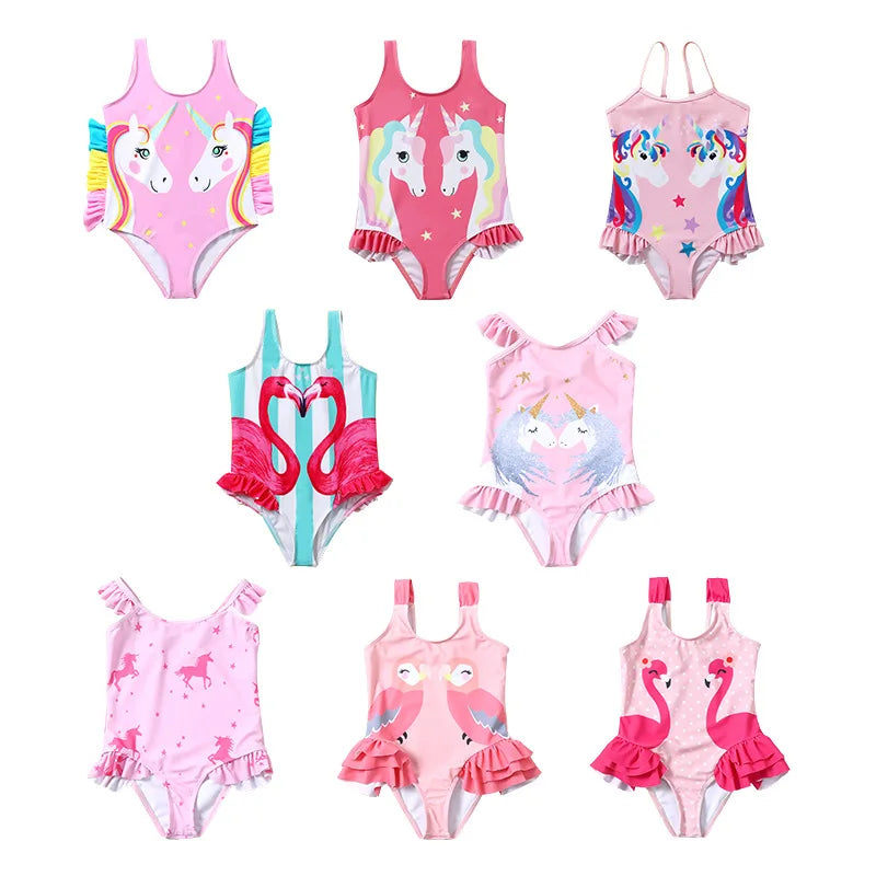 2026 Summer Children Swimsuit 2-8Years Girls Swimsuit Infant Baby Cute Cartoon Sleeveless Bikini Briefs One-piece Swimsuit
