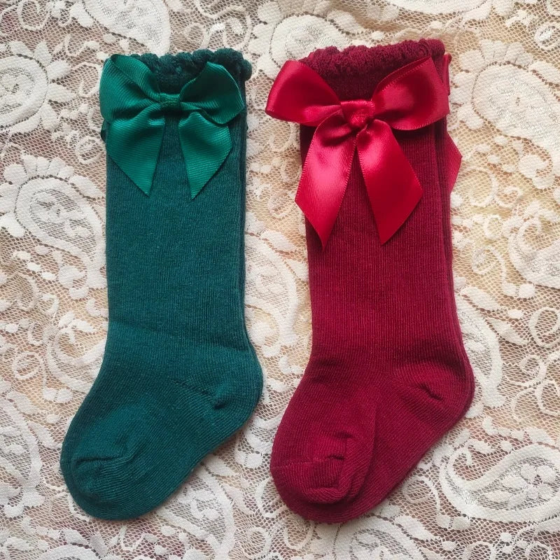 Baby's Christmas Red Socks Sweet Big Bows Knee High Princess Sock for Infant Holiday Atmosphere Cotton Mesh Breathable Long Sock