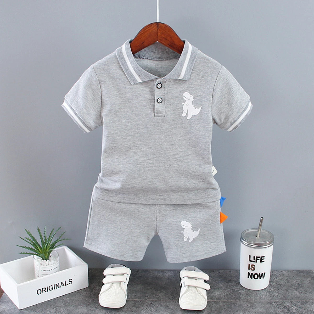 Summer Kids Outfits Baby Boys Clothes Set Dinosaur Printed Turn-down Collar T-Shirts Tops+ Shorts 2PCS/Suit Infant Clothing Sets