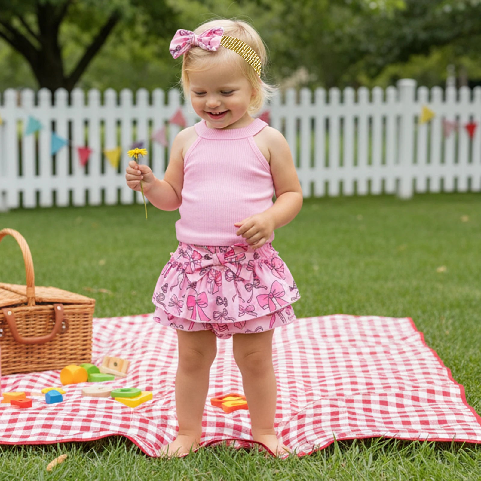 Baby Girl Summer Outfits Solid Color Sleeveless Tank Tops Bowknot Print Elastic Waist Ruffles Shorts Headband 3Pcs Clothes Set