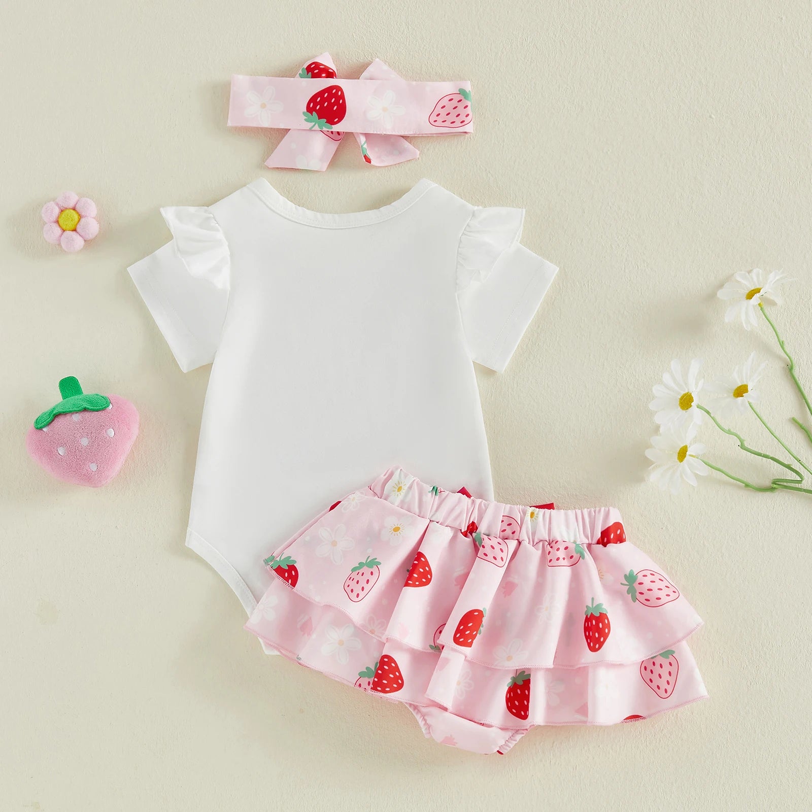 Summer Infant Girl Birthday Outfit Ruffle Short Sleeve Letters Print Romper Elastic Waist Skorts Headband Clothes