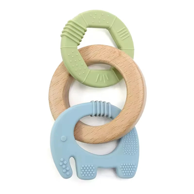 Baby Teething Toys Silicone Wooden Ring Teether BPA Free Cute Elephant Babies Chew Toy for Boys and Girls Newborn Gifts