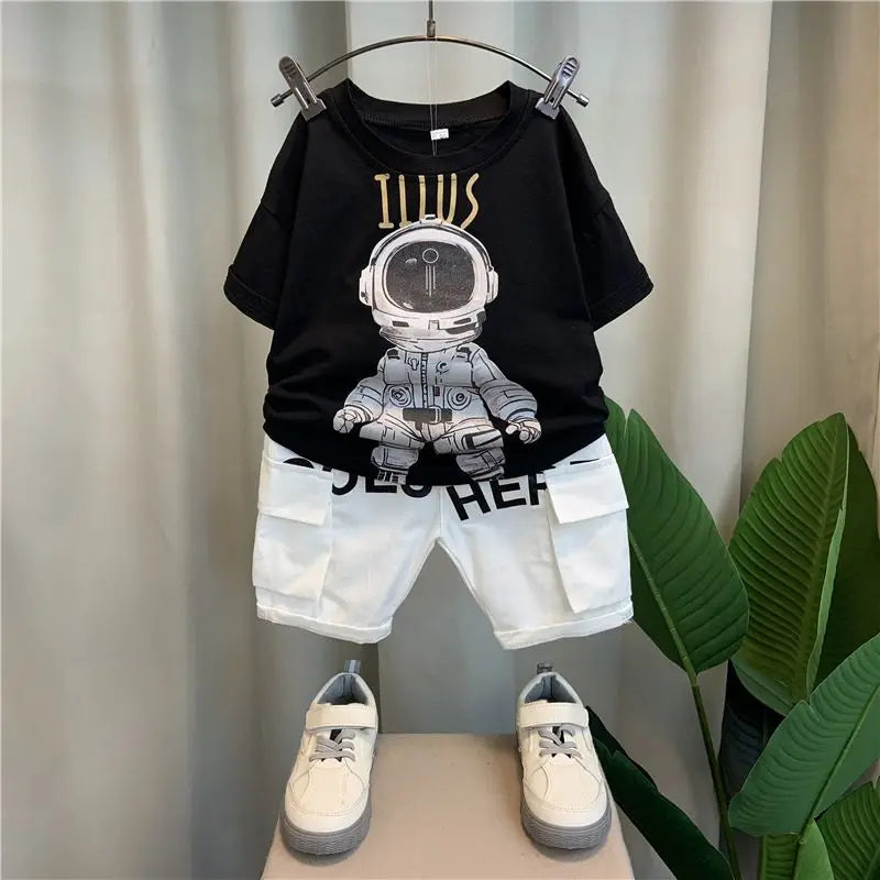 Korean Children's Clothes 2025 Summer Kids Clothes Boys Casual Suit Baby Outdoor Clothes T-shirt + Letter Shorts Two Pieces Set