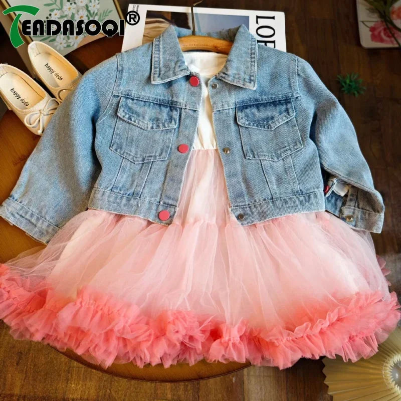 3-8Y Kids Clothes Suit for Spring Autumn Children Cardigan Denim Jacket Coat Top+Girls Gauze Skirt Lace Princess Dress 2Pcs Set