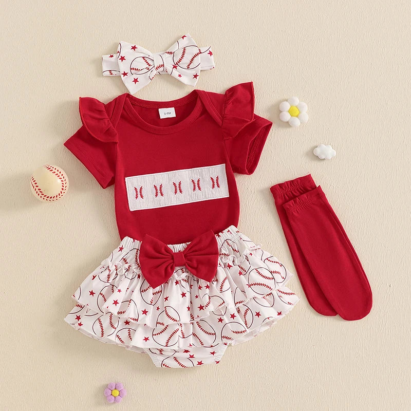 BeQeuewll New Sweet Baby Girl Summer Clothes 4PCS Newborn Outfit Star Baseball Short Sleeve Romper Skirt Socks Headband Kid Suit