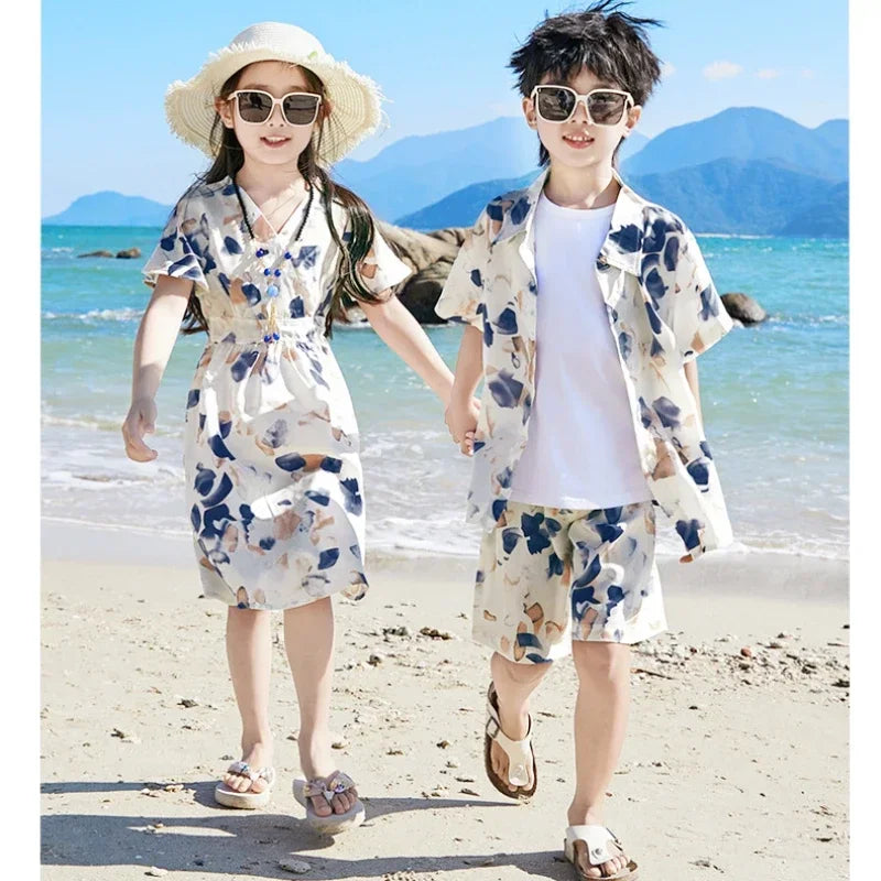 2024 Summer Family Vacation Look Clothes Mom and Daughter Short Sleeve Dress Holiday Dad and Son Shirts Two Piece Outfits Sets
