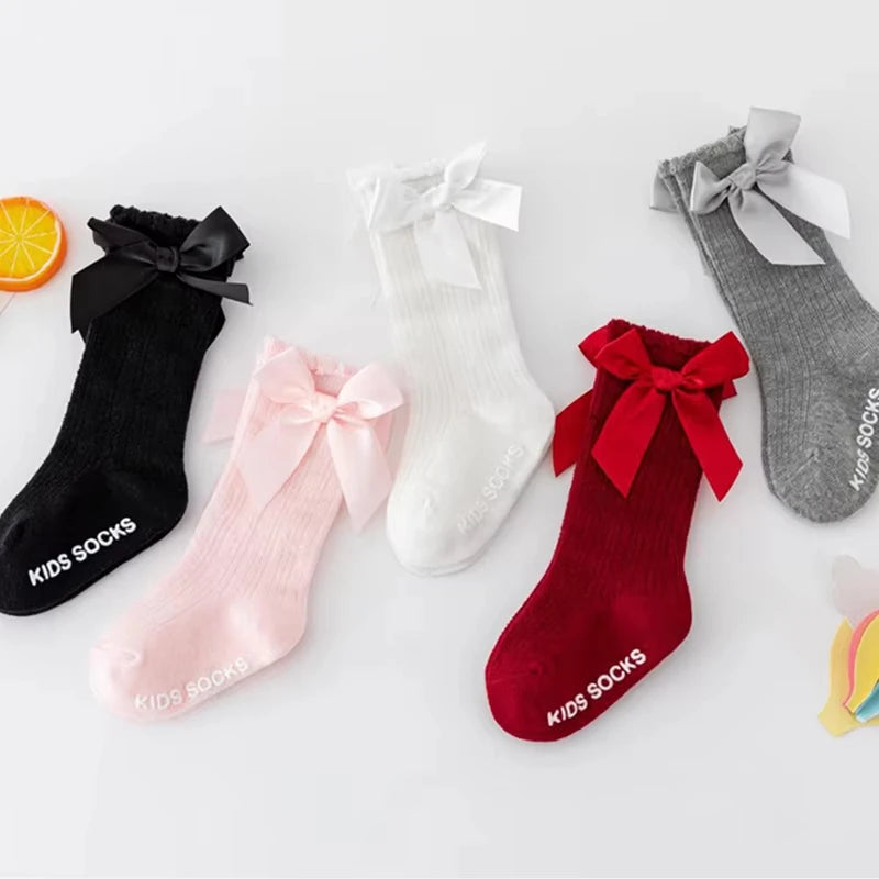 Bow Baby Long Socks Spring Autumn Kids Knit Stockings Non-slip Princess Girls Knee High Sock Solid Cotton Newborn Footwear 0-3Y