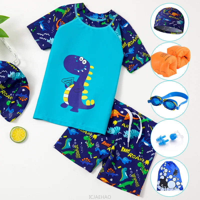 2025 Kids Boys Girls Swimwear Set Clothes Children Cartoon Print Separates Matching Summer Beach Vacation Outfit Casual Wear