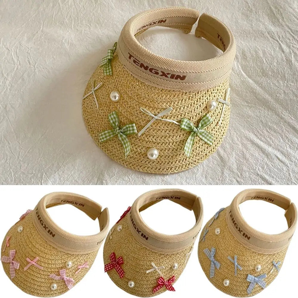 Bowknot Kids Summer Straw Hat Wide Brim UV Protection Large Brim Sun Visor Cap Comfortable Breathable Empty Top Baseball Cap