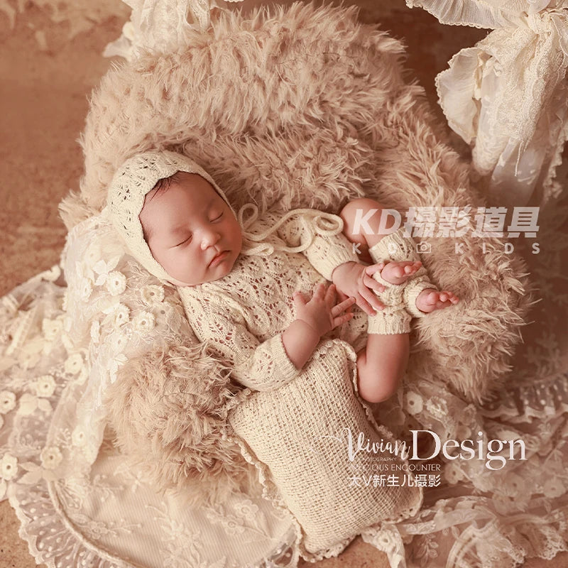 Vintage Style Newborn Photography Outfit Baby Knit Jumpsuit Romper + Hat + Socks for Photoshooting, Christening, Baby Shower