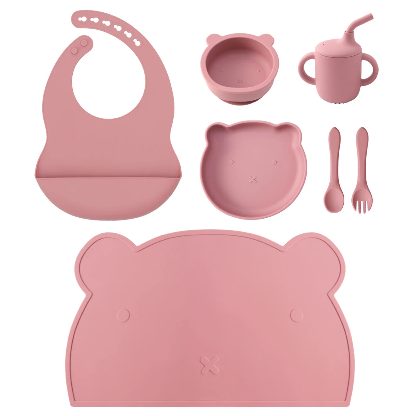 7PCS Silicone Baby Feeding Set Cartoon Plates Suction Bowl Straw Cup BPA Free Toddler Tableware Self Feeding Essentials