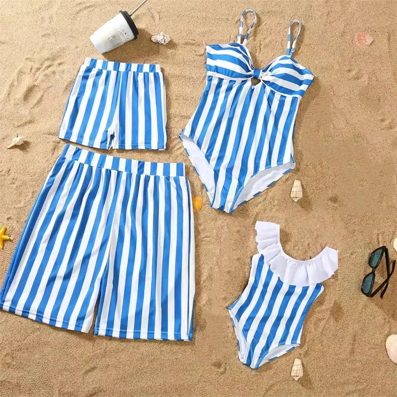 Summer Striped Swimsuit Family Matching One-Piece Outfits Beach Holiday Bikini Mother Daughter Swimsuit Dad Son Swimming Shorts