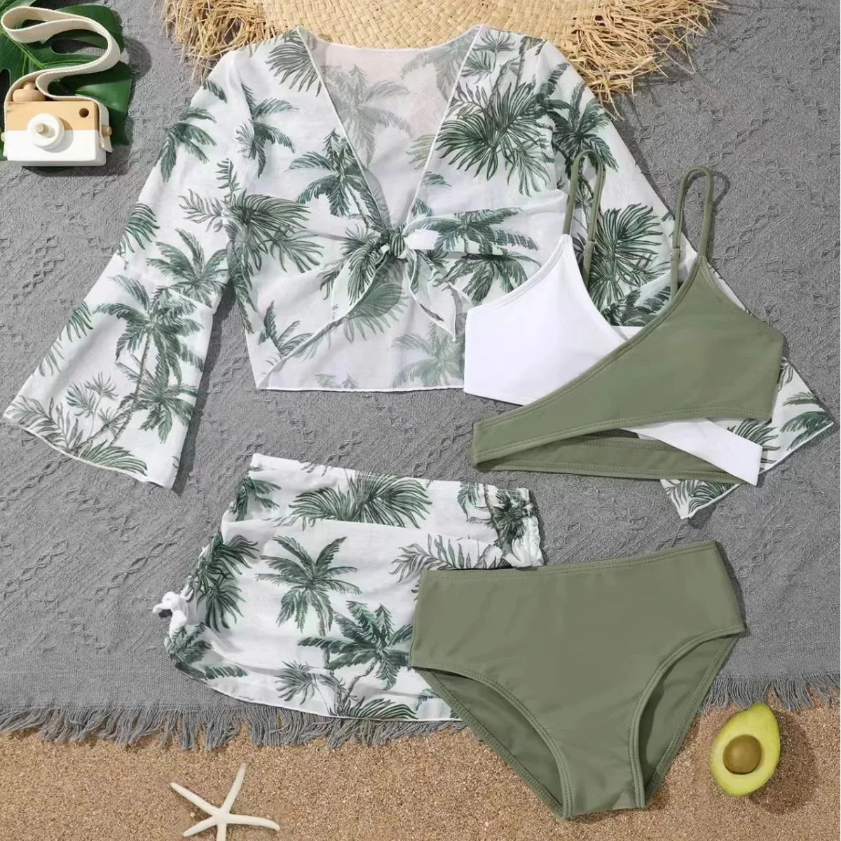 4 Pieces Bikini Top & Skirt 2025 Girls Swimsuit Kids High Waist Swimwear Children Bathers Bathing Swimming Swim Suit Beachwear