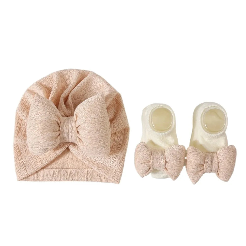 3Pcs/Set Soft Bow Baby Hat Socks Set Cotton Solid Color Baby Fetal Cap 0-12 Months Windproof Newborn Turban Hat Toddler