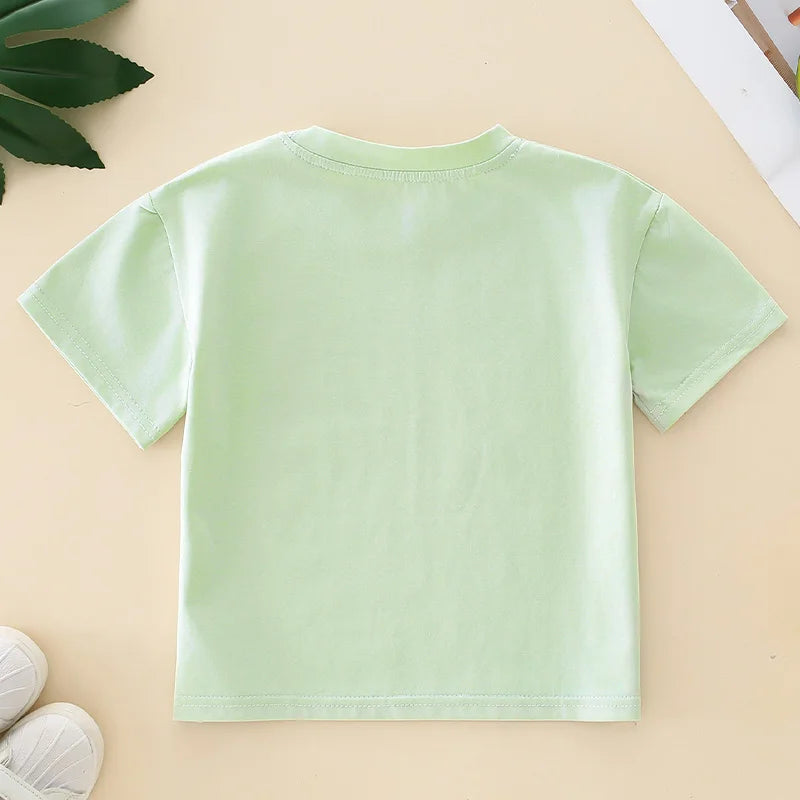 Boys Summer T Shirt Casual O Neck Short Sleeve Kids Fake Denim Pocket Print Tops Letter Graphic Tees Children Streetwear Clothes