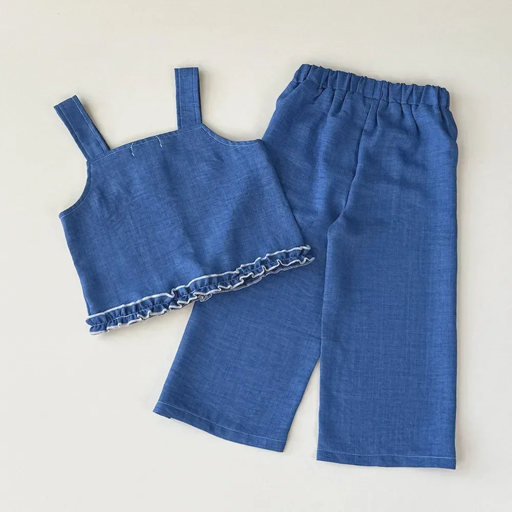 Summer New 2025 Baby Girls Suits Imitation Denim Bow Print Sleeveless Tops and Pants Two-piece Set Casual Children Clothing