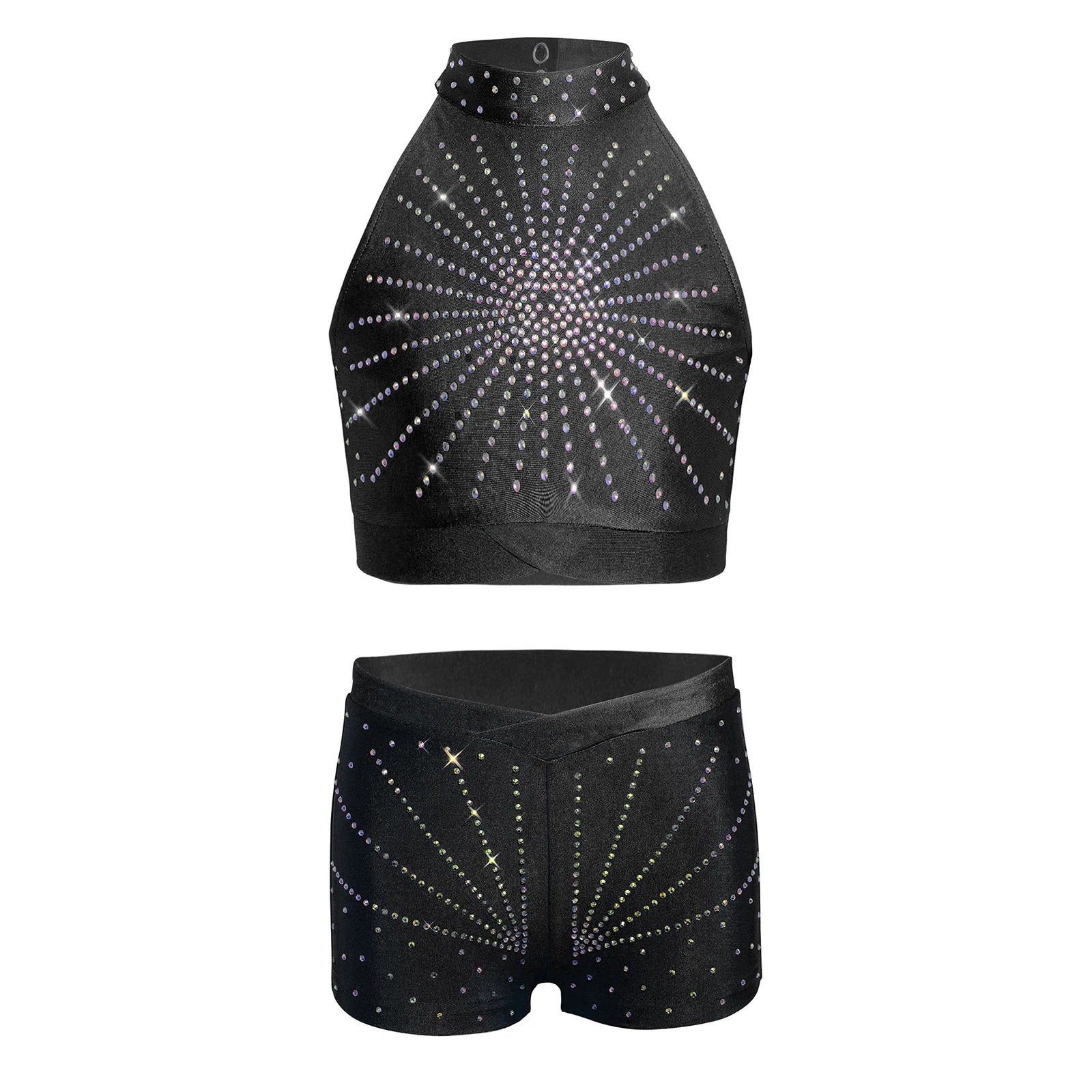 Kids Girls Ballet Dance Outfits Gymnastics Performance Costume Cutout Back Sparkling Rhinestone Crop Top with V-front Shorts