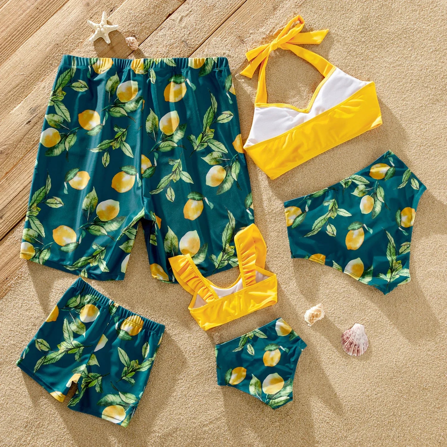 PatPat Family Matching Allover Lemon Print and Solid Halter Neck Two-piece Swimsuit or Swim Trunks Shorts Suitable for Summer