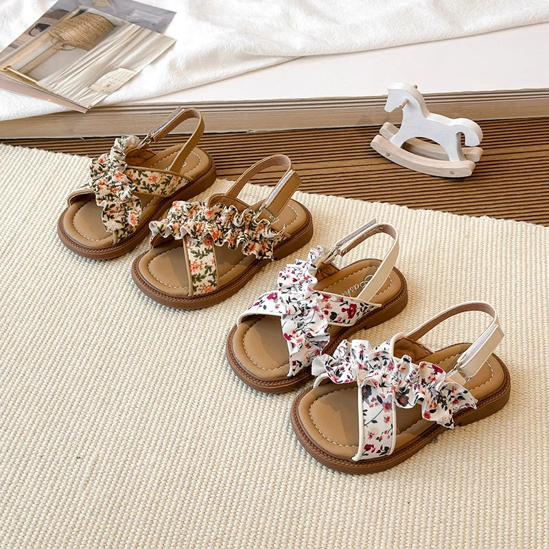 Summer Girl's Sandals Open Toe Flower Hook-loop Chic Kid's Flat Shoe Solid Colors Light Comfy Casual Daily Children Shoes 7-12Y