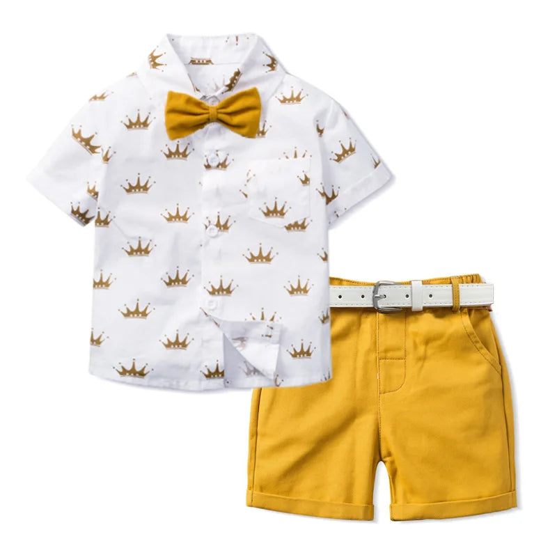 Kids Boys Clothes Sets Gentleman Suit Short Sleeve Shirt Bowtie With Suspender Shorts Pants Baby Children Formal School Outfits