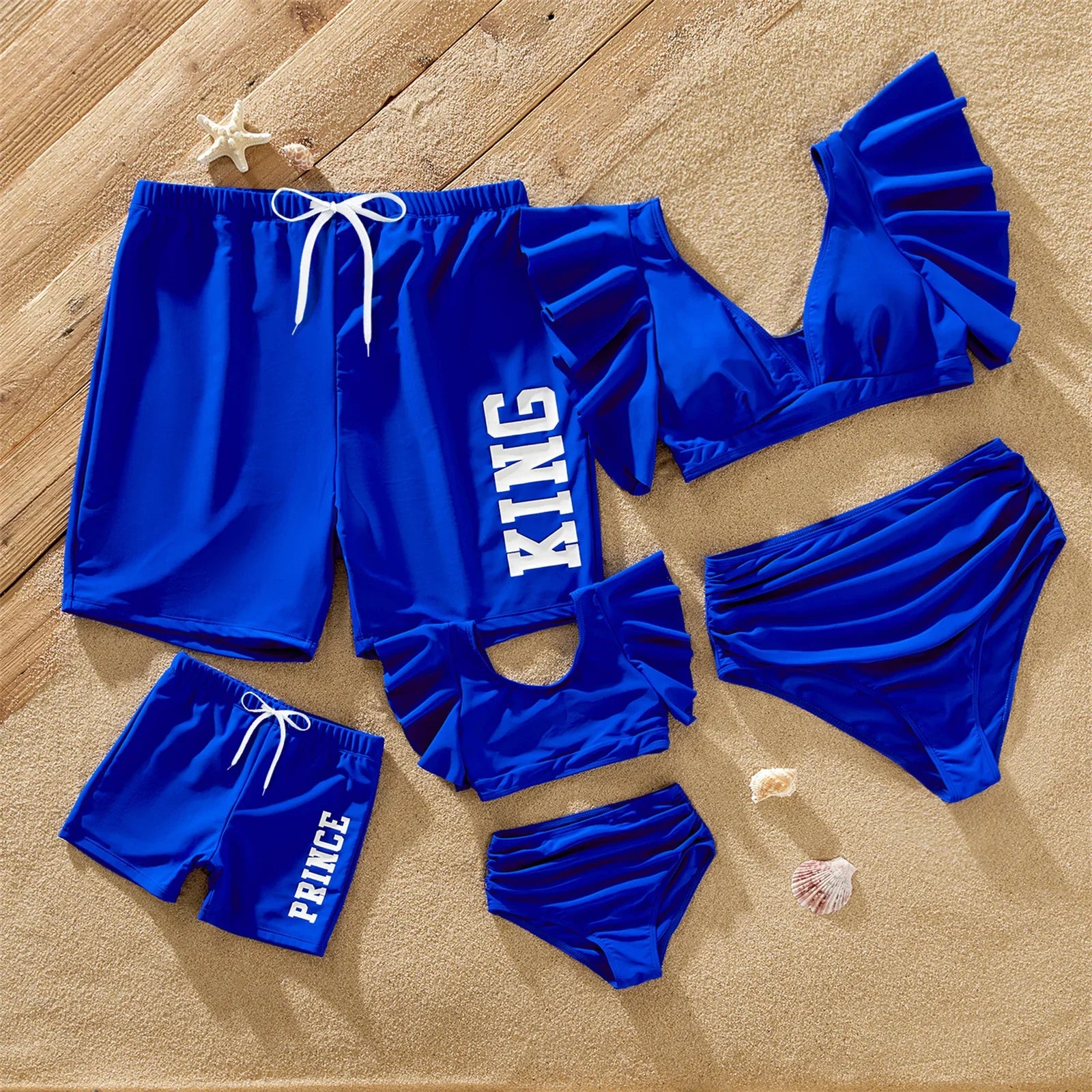 PatPat Family Matching Blue Ruffle Trim Two-piece Swimsuit and Letter Print Swim Trunks Suitable for Summer Season