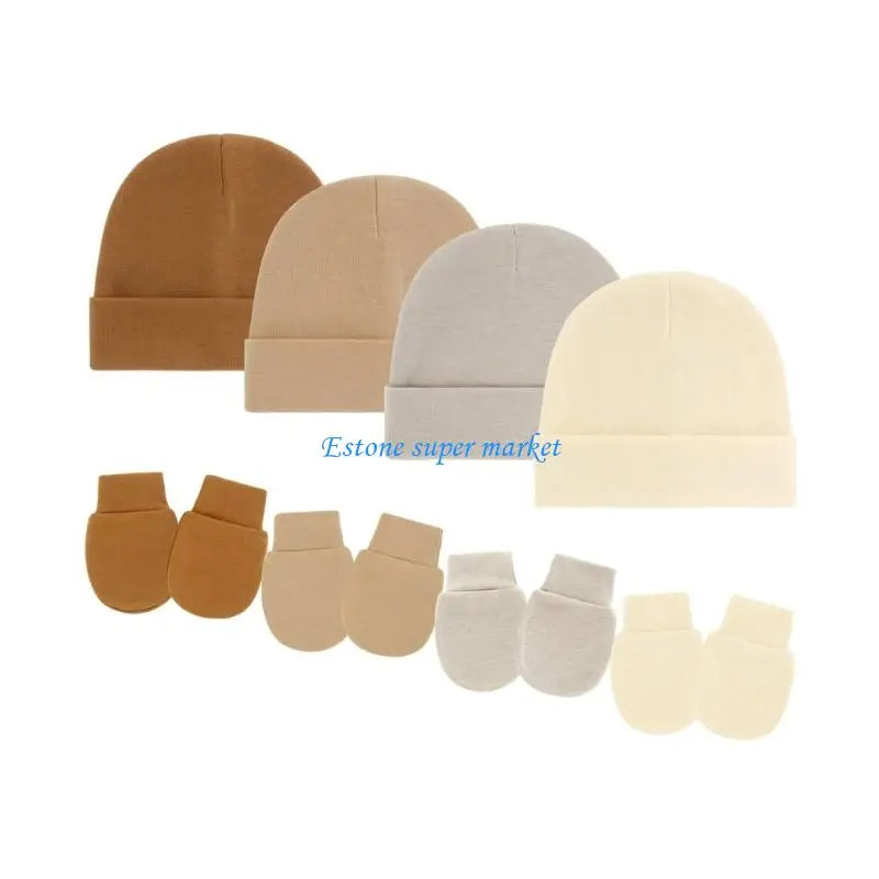 090B 4 Set Newborns Bonnet Cap and Mittens Machine Washable Baby Fetal Hat Gloves for 0 to 3 Month Soft Fabric Headgear