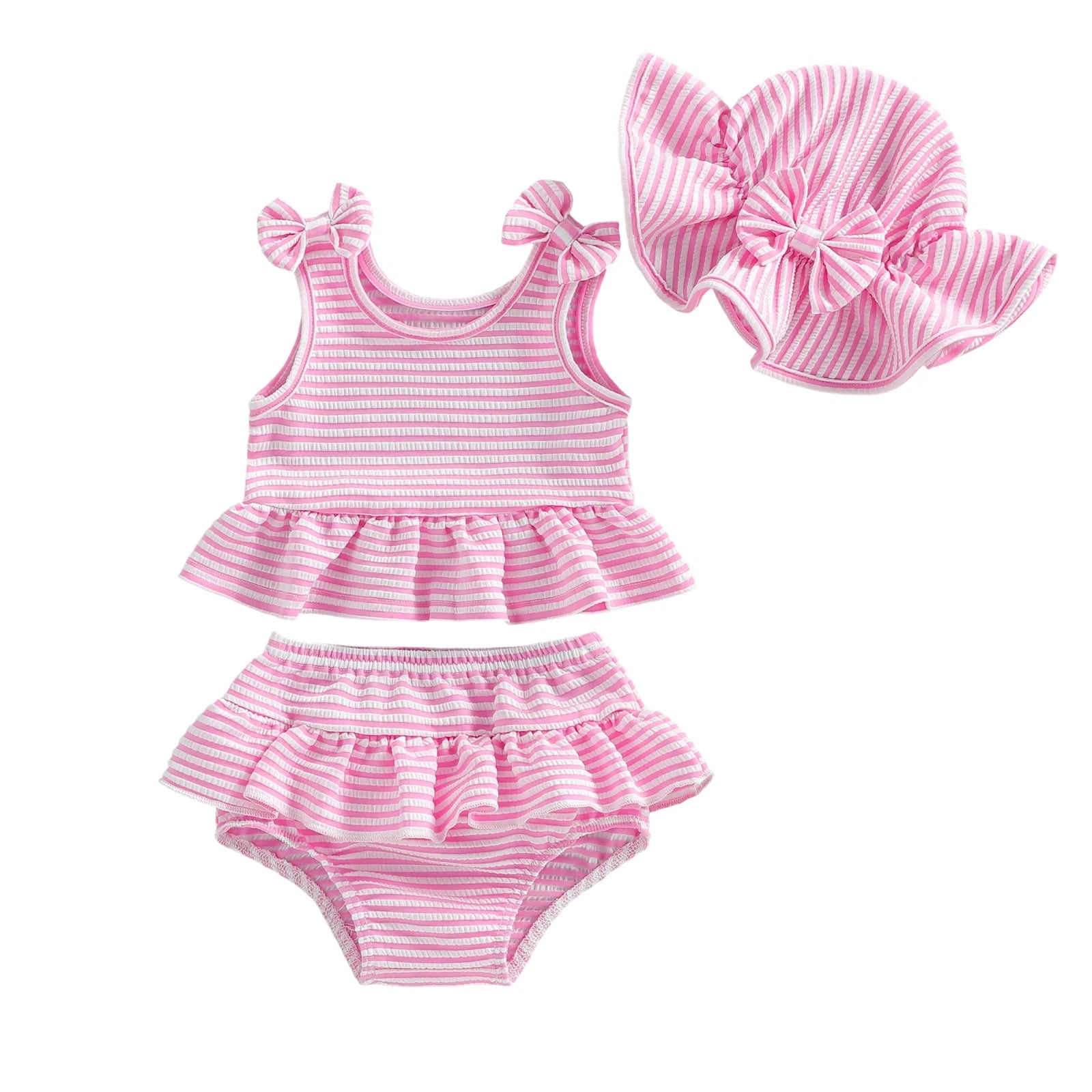 Toddler Baby Girl Striped Swimsuit Cute Fashionable Ruffle Tank Tops with Bottom, Hat 3Pcs Bathing Suit
