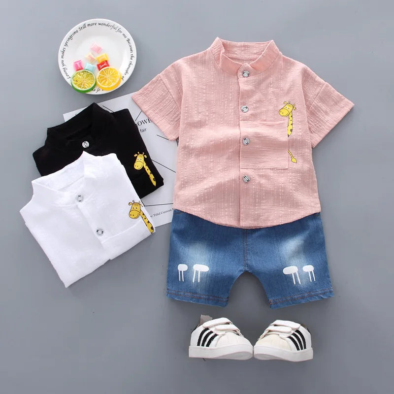 2025 Kids Clothes Summer Sets For Children Baby Boys Giraffe Short Sleeve T-Shirt+Shorts Jeans Toddler Sports Casual Outfits