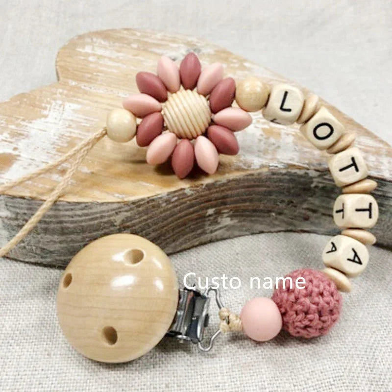 Baby Custom Name Silicone Beads Flower Ring Pacifier Clips Safe Teething Chains Teether Eco-friendly Dummy Beech Clips Holder