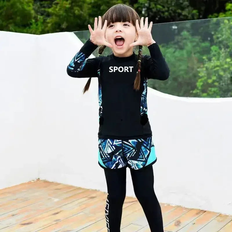 Swimming Suit for Children, Babies, Teenagers, Students, Boys and Girls Long Sleeves+pants+shorts 3pcs Swimsuit Girls Swimwear